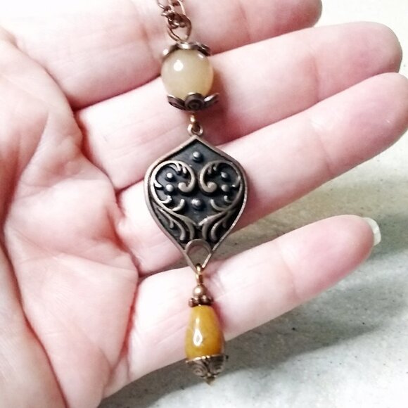 Drop "Y" Necklace - Semi-Precious Stones + Copper ~ Intricate Ornate Feminine - Picture 1 of 8